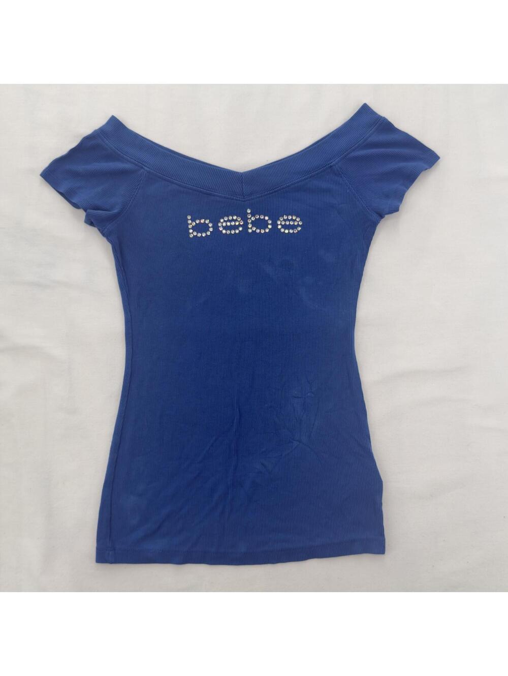 Rare Vintage Bebe Blue Ribbed Rhinestone Logo Off Shoulder Top Size Medium Y2K